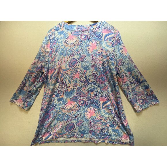 Talbots Lace Trim Tunic Flowing Floral Blouse Womens XL Blue 3/4 Sleeves Boho - Picture 10 of 11